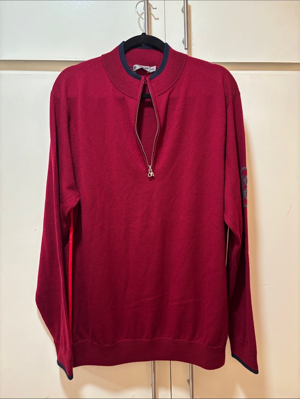 G/FORE Men’s Deep Red Quarter-Zip Sweater with Navy Trim